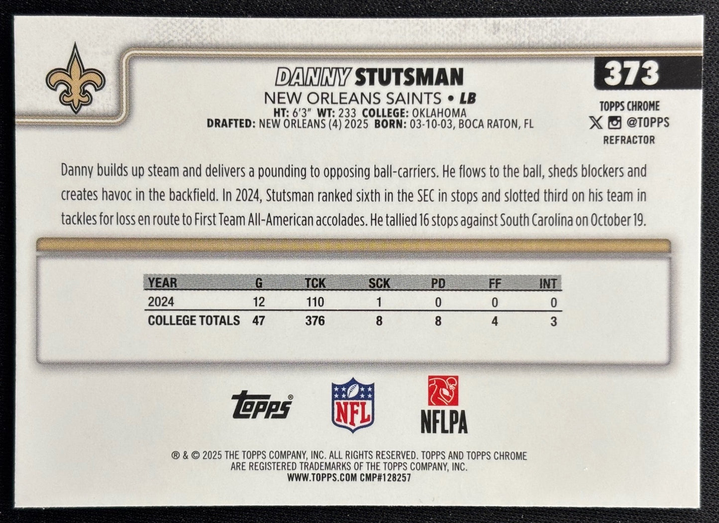 Danny Stutsman 2025 Topps Chrome Rookie Refractor Saints Football