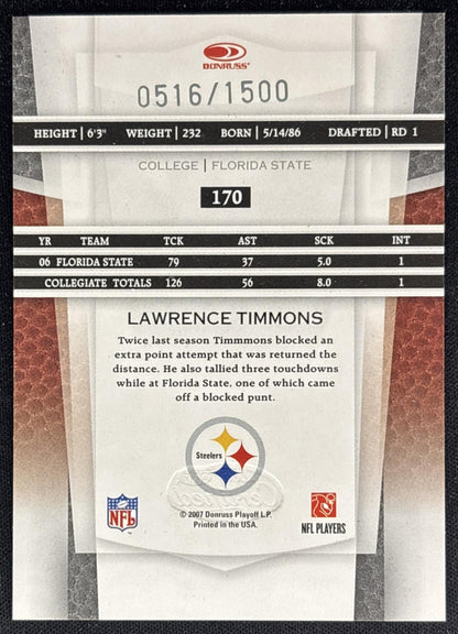 Lawrence Timmons 2007 Leaf Certified Materials /1500 Steelers back