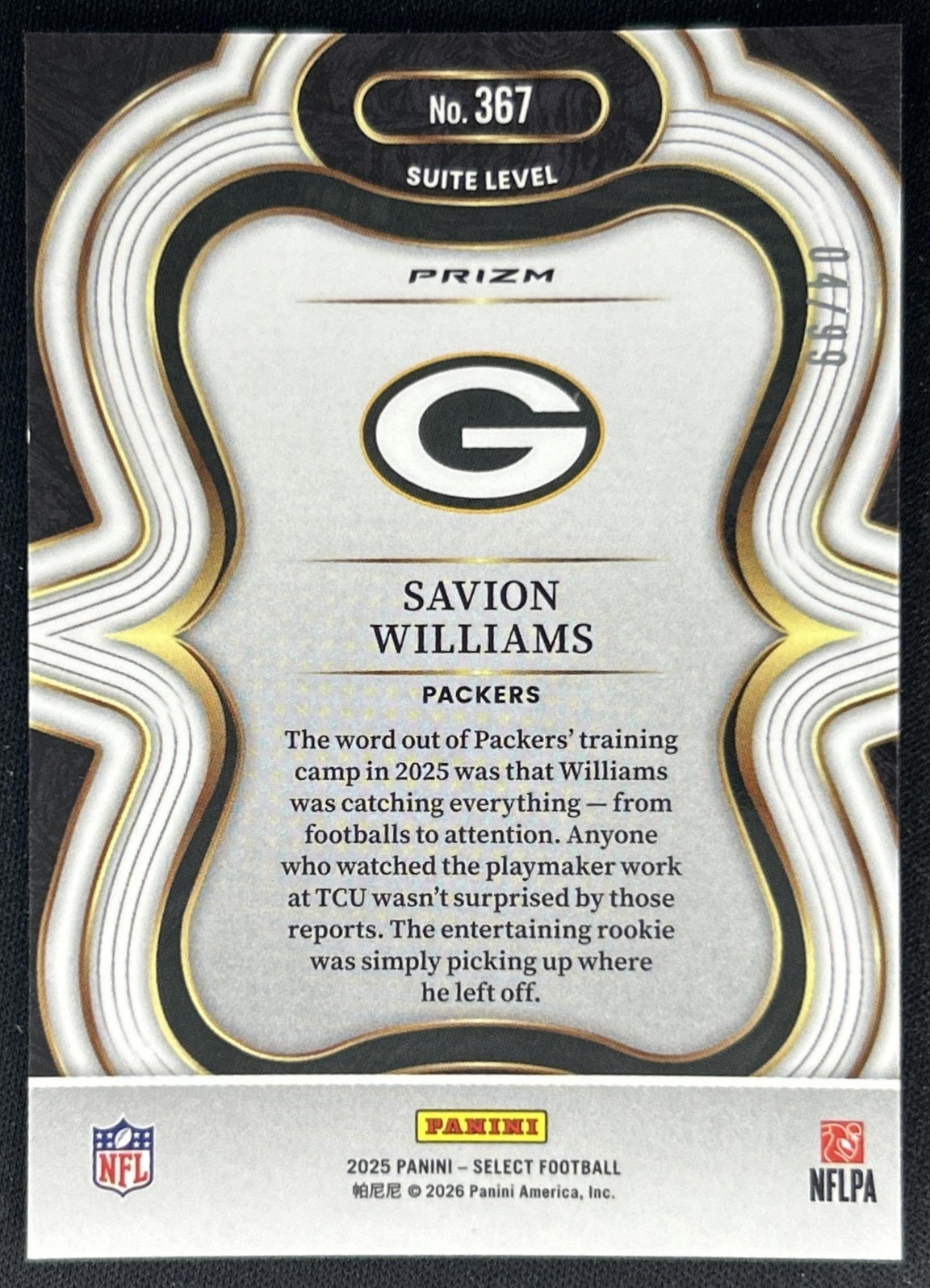 Savion Williams 2025 Panini Select Suite Level Blue Prizm /99 Packers Back