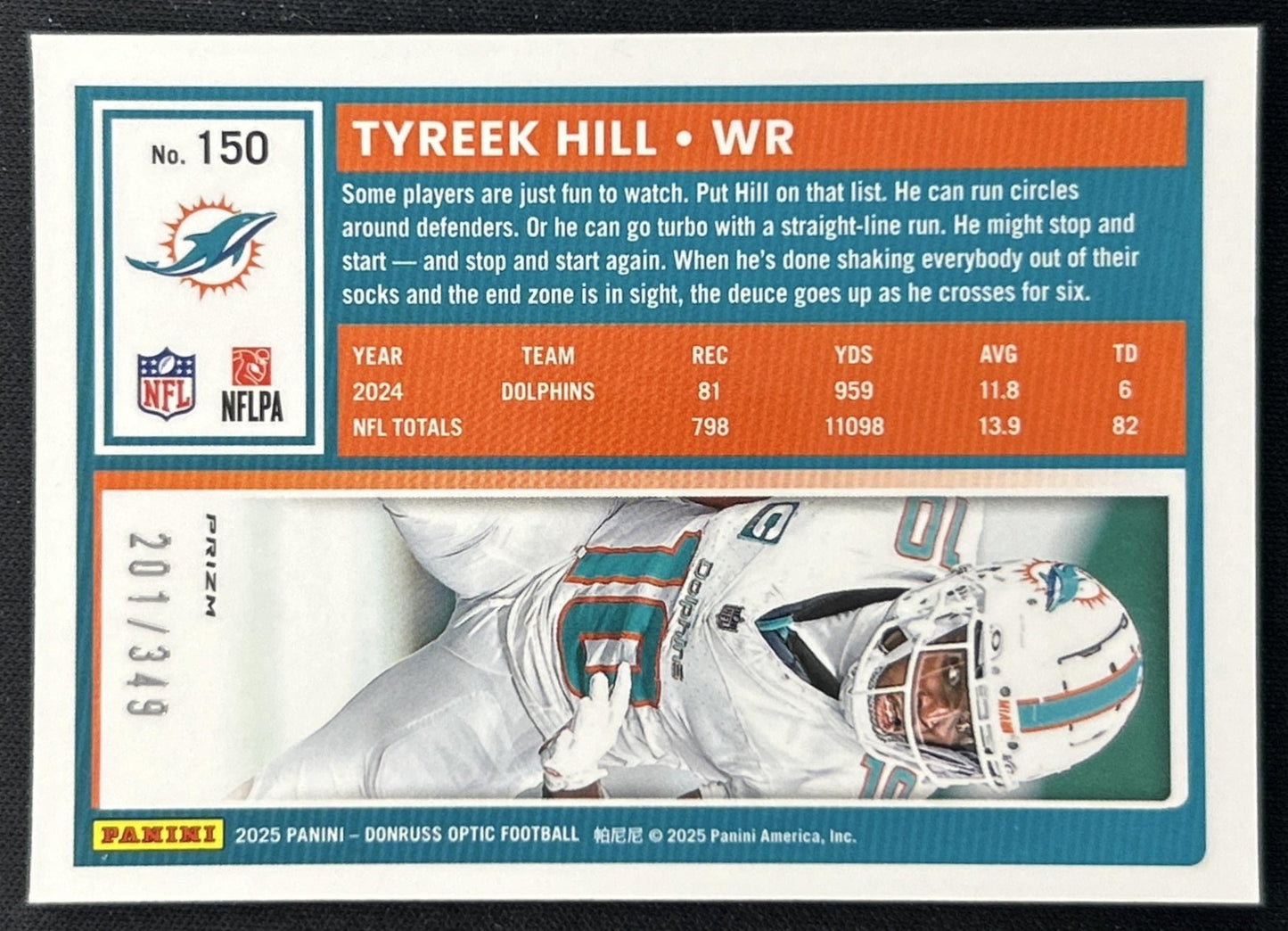 Tyreek Hill 2025 Panini Donruss Optic Aqua Prizm /349 Dolphins back