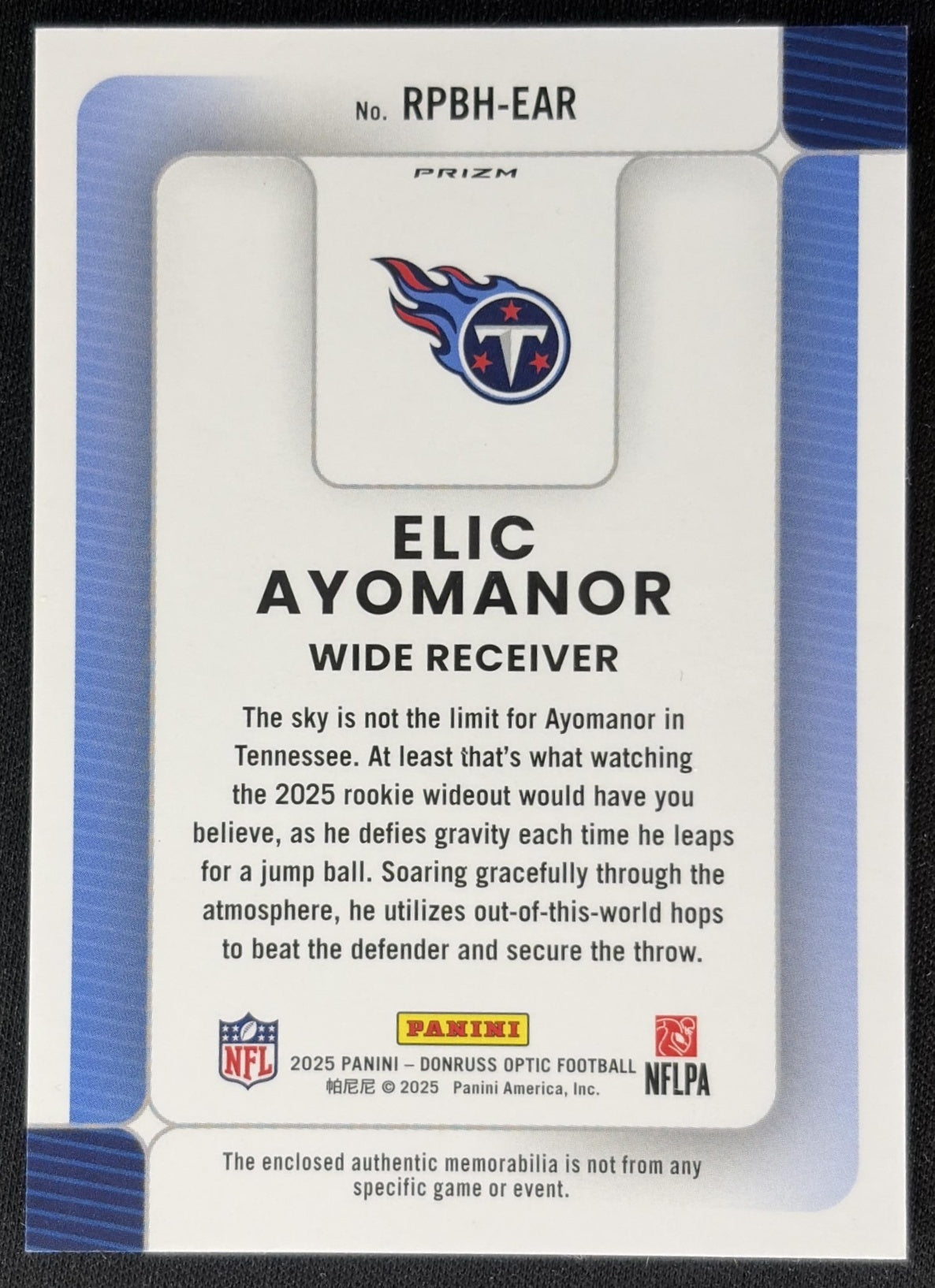 Elic Ayomanor 2025 Panini Donruss Optic Rookie Phenoms Blue Hyper Prizm Titans back