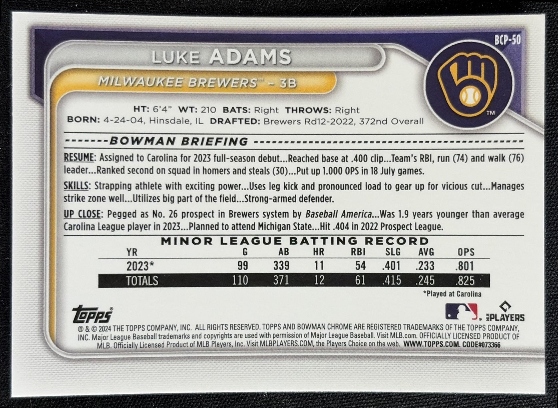Luke Adams 2024 Bowman Mega Box Chrome Prospects Mojo Refractor Brewers back
