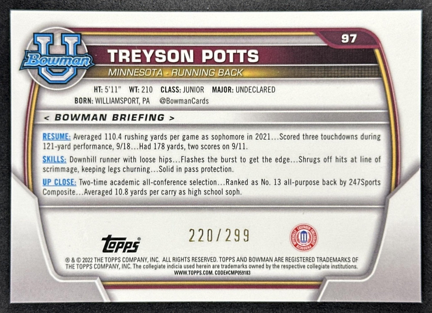 Treyson Potts 2022 Bowman University Chrome Aqua Wave Refractor /299 Sports Trading Card