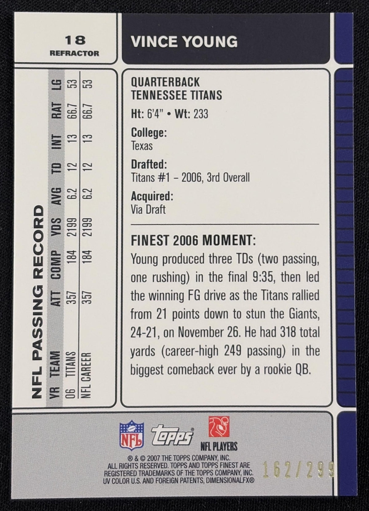 Vince Young 2007 Topps Finest Blue Refractors /299 Titans Sports Trading Card