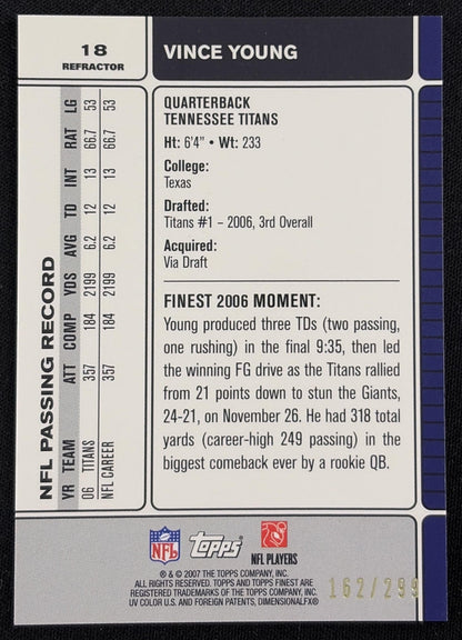 Vince Young 2007 Topps Finest Blue Refractors /299 Titans Sports Trading Card
