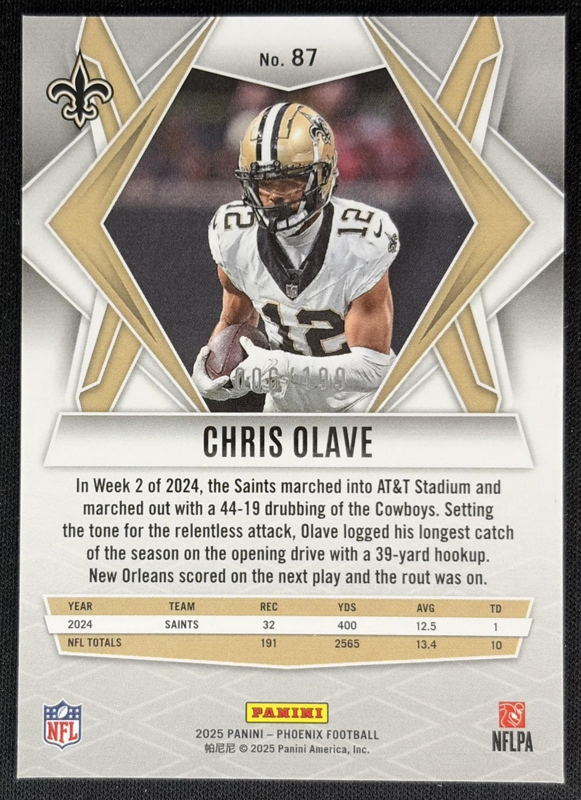 Chris Olave 2025 Panini Phoenix Wave Prizm /199 Saints Sports Trading Cards