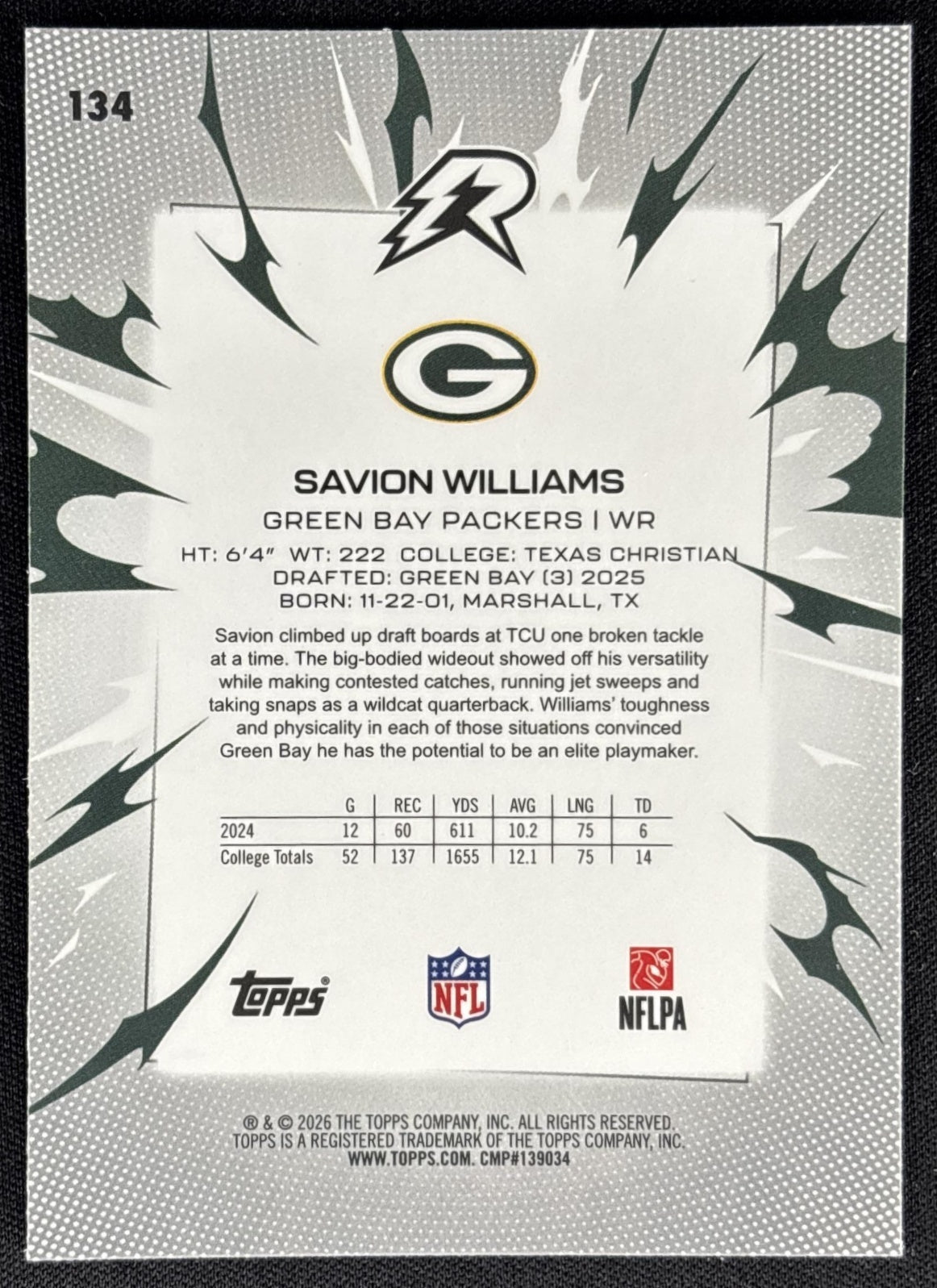 Savion Williams 2025 Topps Resurgence Blue and Orange Spark Refractor Packers