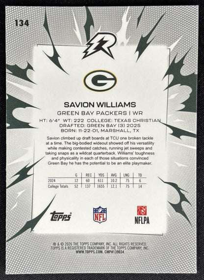 Savion Williams 2025 Topps Resurgence Blue and Orange Spark Refractor Packers