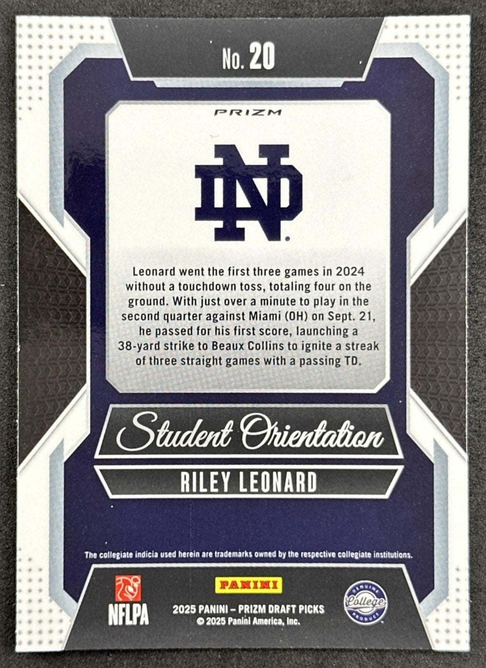 Riley Leonard 2025 Prizm Draft Picks Student Orientation Red Ice Fighting Irish Colts - Back