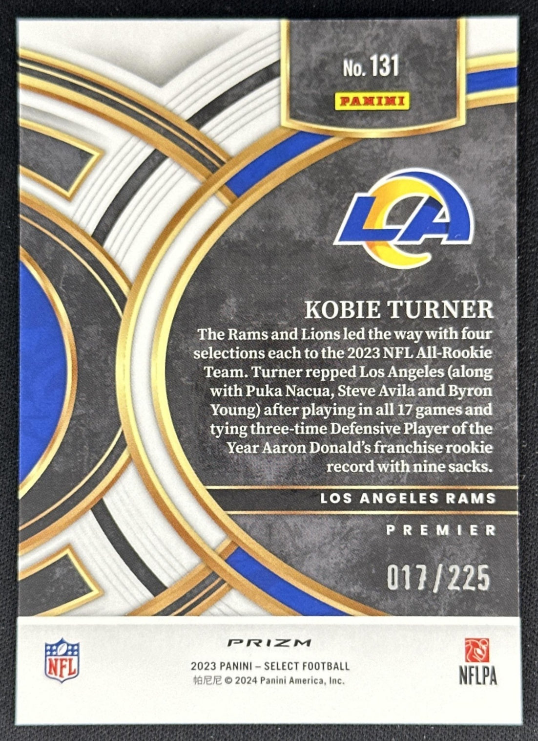 Kobie Turner 2023 Panini Select Premier Tri Color Prizms /225 Rams back
