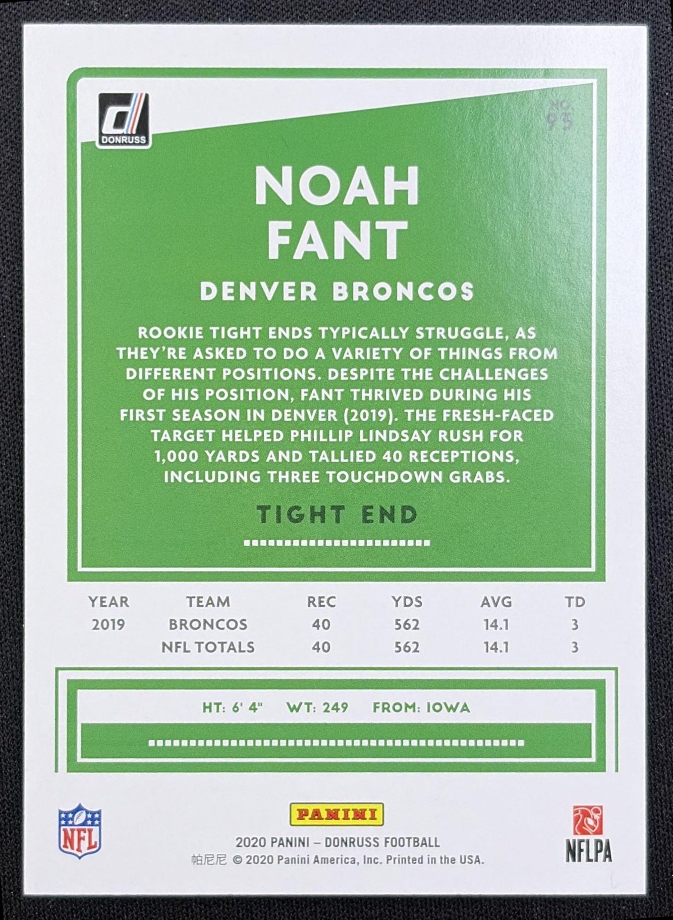 Noah Fant 2020 Panini Donruss Press Proof Silver /100 Broncos