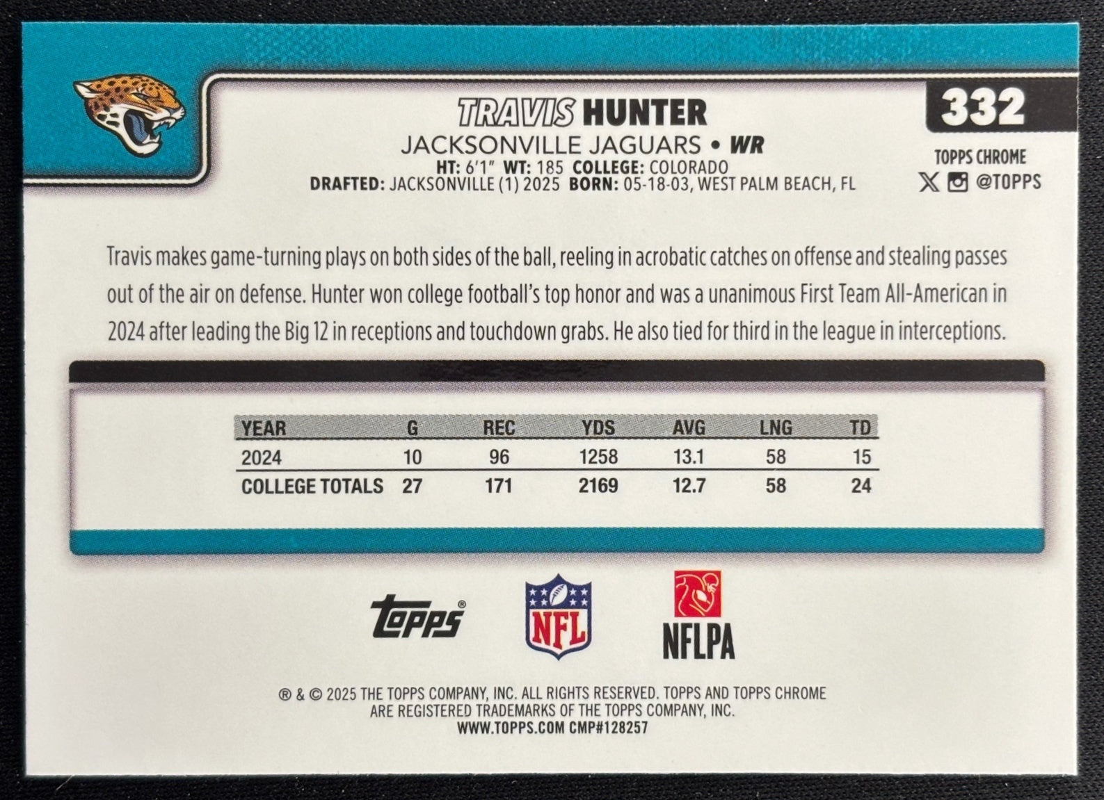 Travis Hunter 2025 Chrome Rookie Jaguars Sports Trading Cards