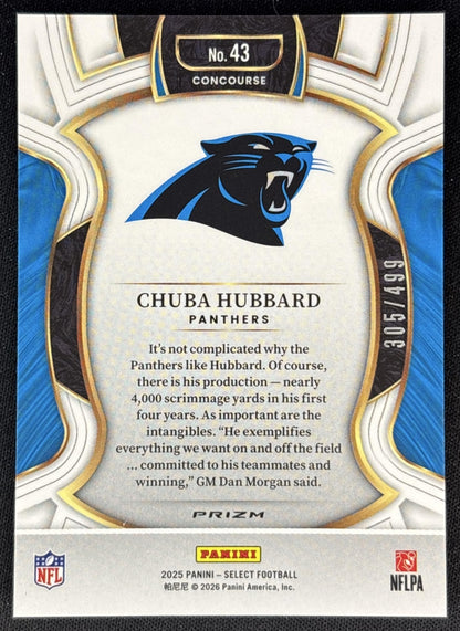 Chuba Hubbard 2025 Panini Select Concourse Orange Prizm Shock /499 Panthers back