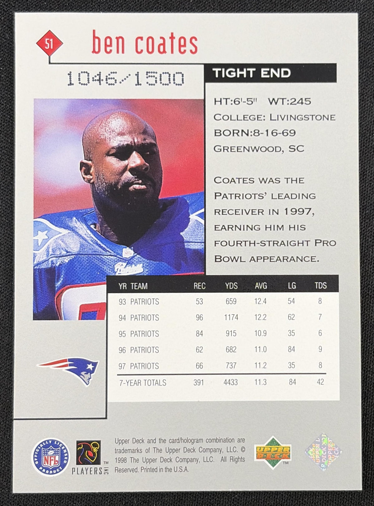 Ben Coates 1998 Upper Deck Black Diamond Rookie Edition Triple /1500 Patriots