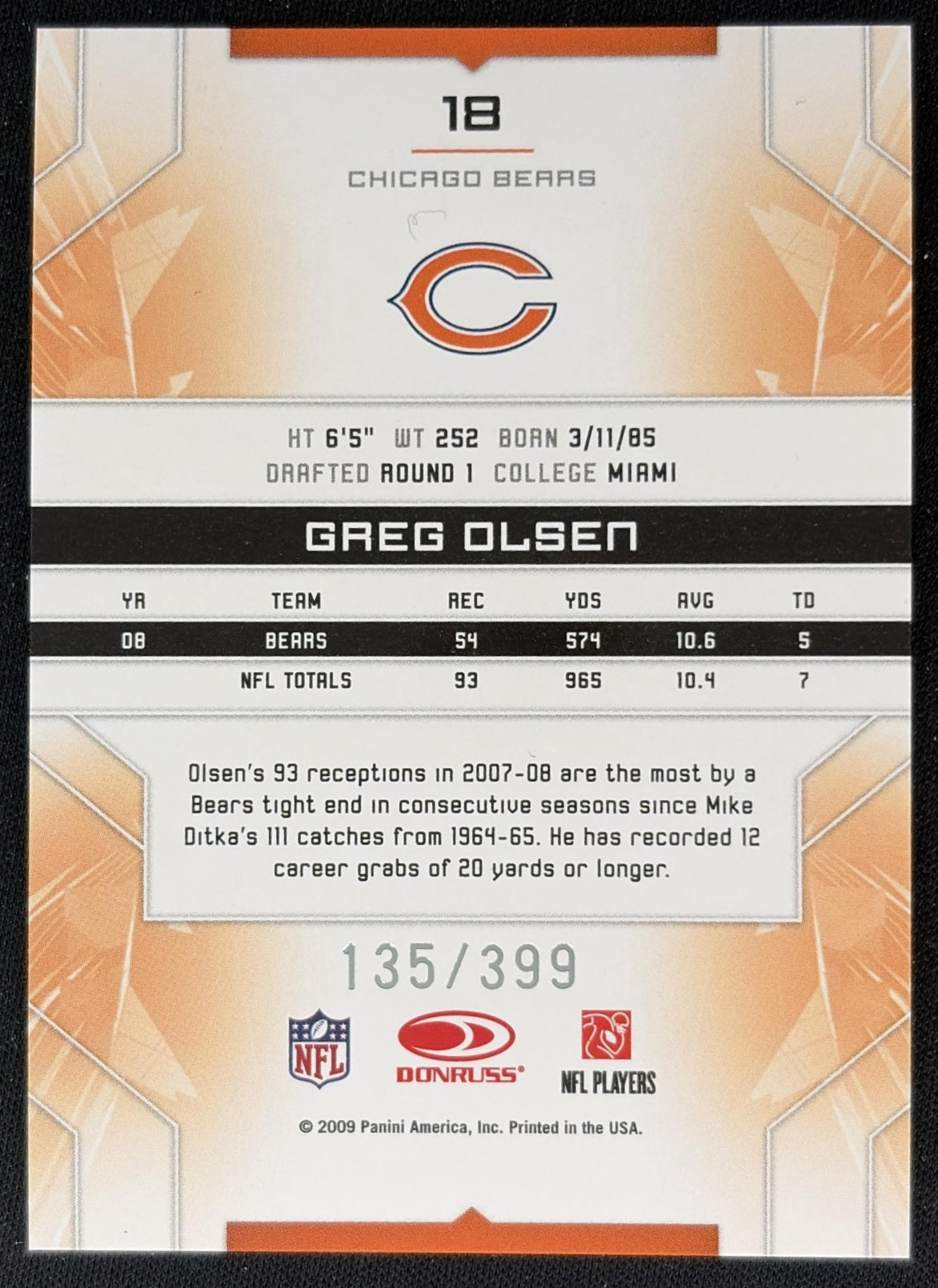 Greg Olsen 2009 Panini Donruss Limited /399 Bears Sports Trading Cards
