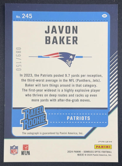 Javon Baker 2024 Panini Donruss Optic Holo Auto /150 Patriots