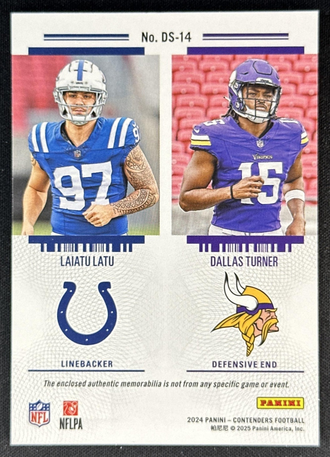 Laiatu Latu Dallas Turner 2024 Panini Contenders Rookie Ticket Dual Swatches Sports Trading Cards