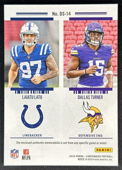Laiatu Latu Dallas Turner 2024 Panini Contenders Rookie Ticket Dual Swatches Sports Trading Cards