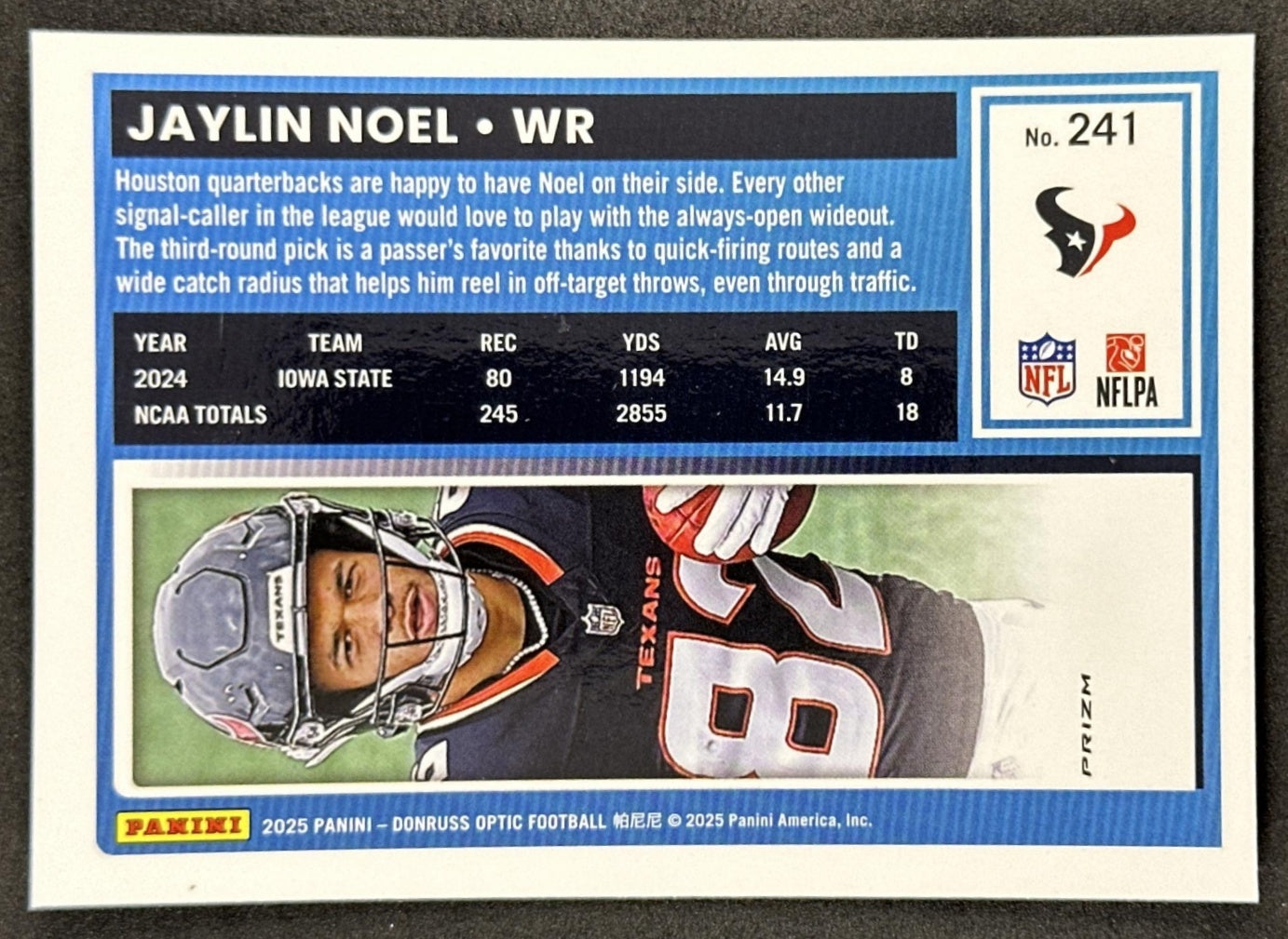Jaylin Noel 2025 Panini Donruss Optic Rated Rookie Stars Prizm Texans Sports Trading Card