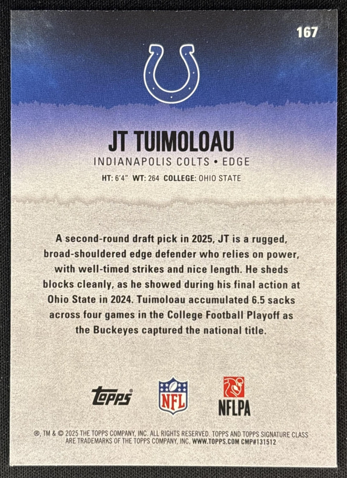 JT Tuimoloau 2025 Topps Signature Class Rookie Blue & Yellow Foil Colts back