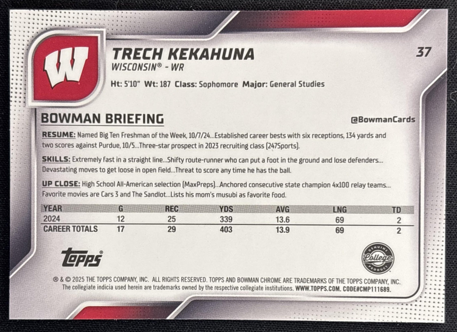 Trech Kekahuna 2025 Chrome University Sapphire Prospect Yellow Refractor /75 Badgers back