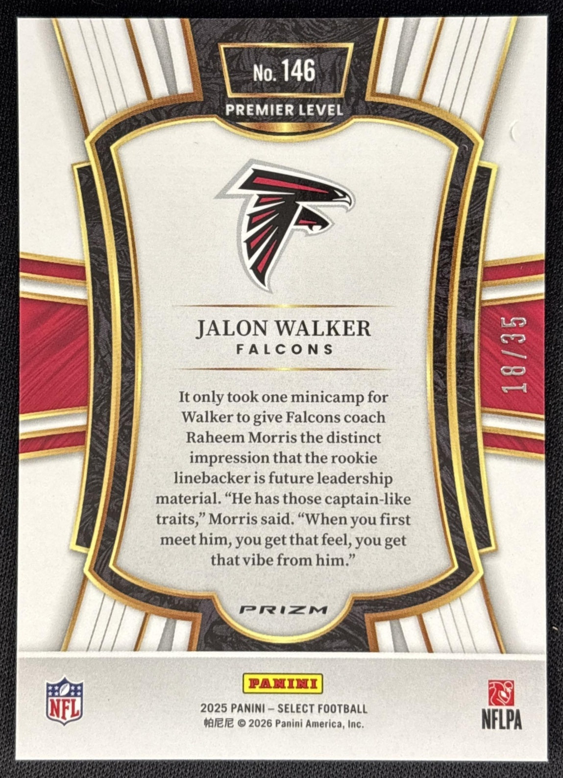 Jalon Walker 2025 Panini Select Premier Level White Prizm /35 Falcons Sports Trading Card