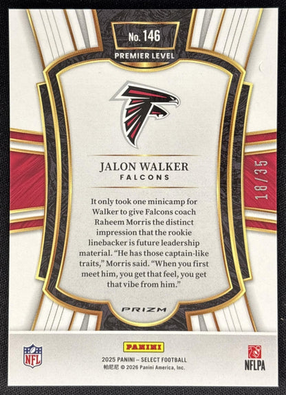 Jalon Walker 2025 Panini Select Premier Level White Prizm /35 Falcons Sports Trading Card