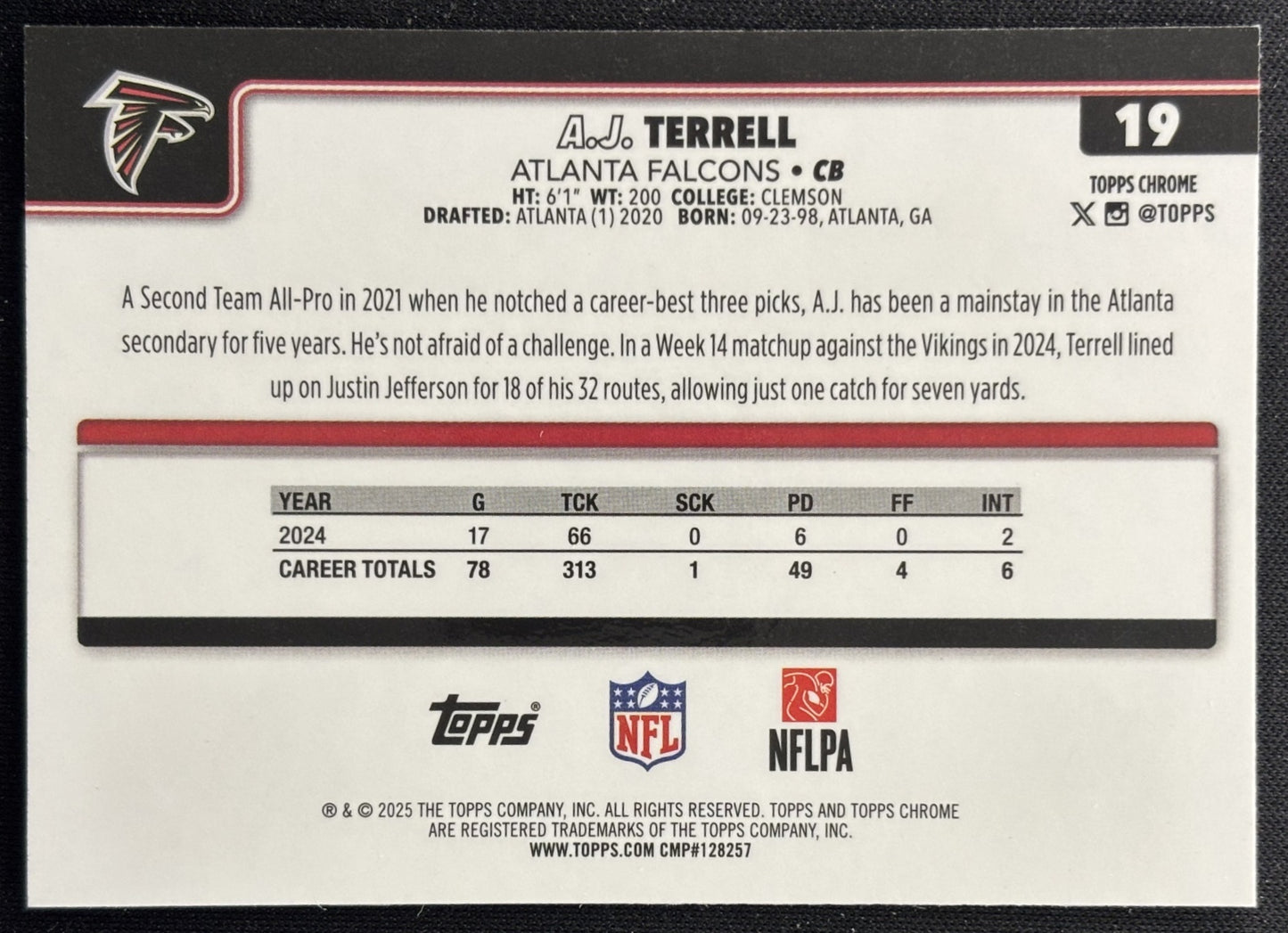 A.J. Terrell 2025 Topps Chrome Red/White/Blue Refractor Falcons Sports Trading Cards