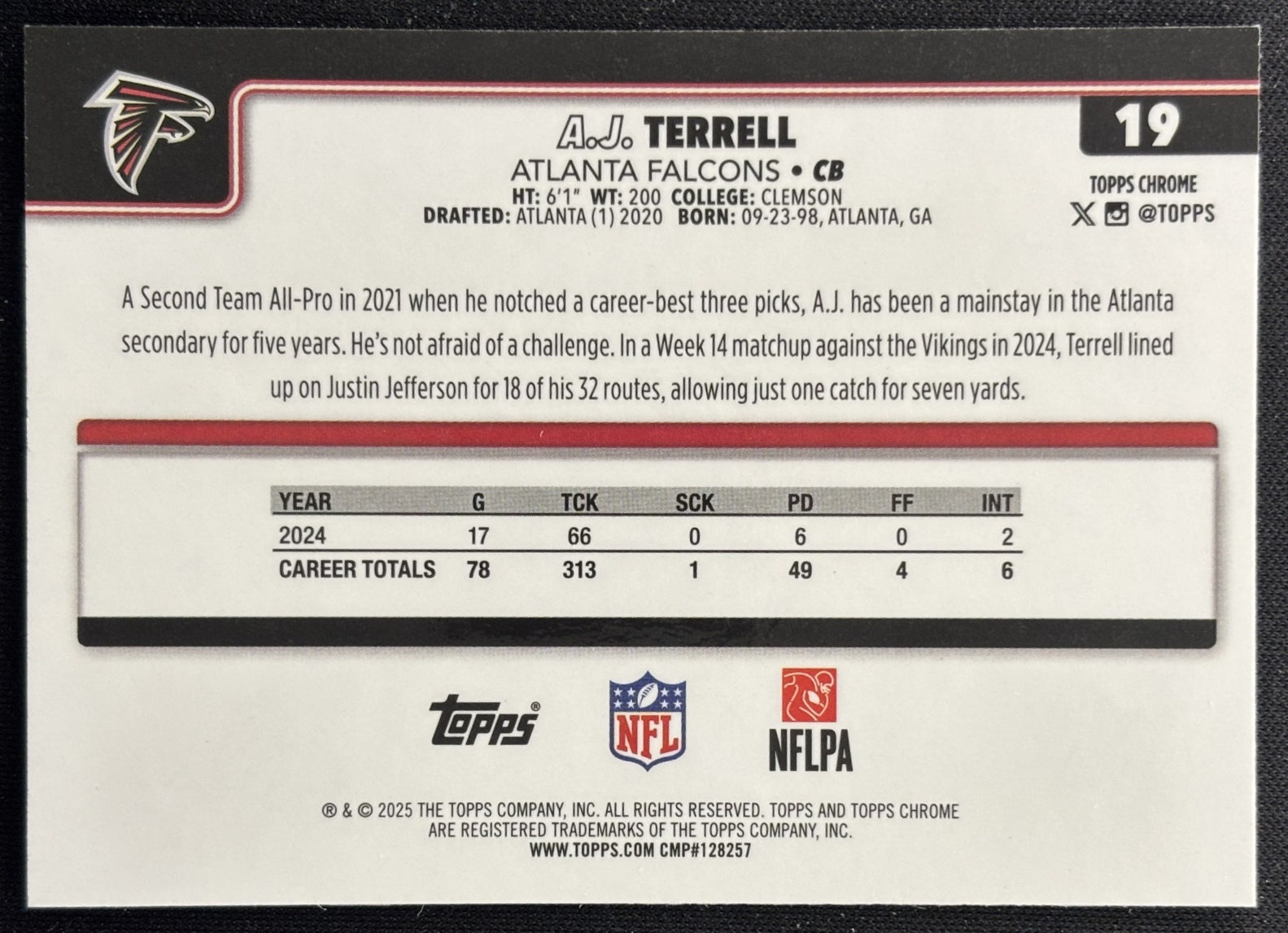 A.J. Terrell 2025 Topps Chrome Red/White/Blue Refractor Falcons Sports Trading Cards