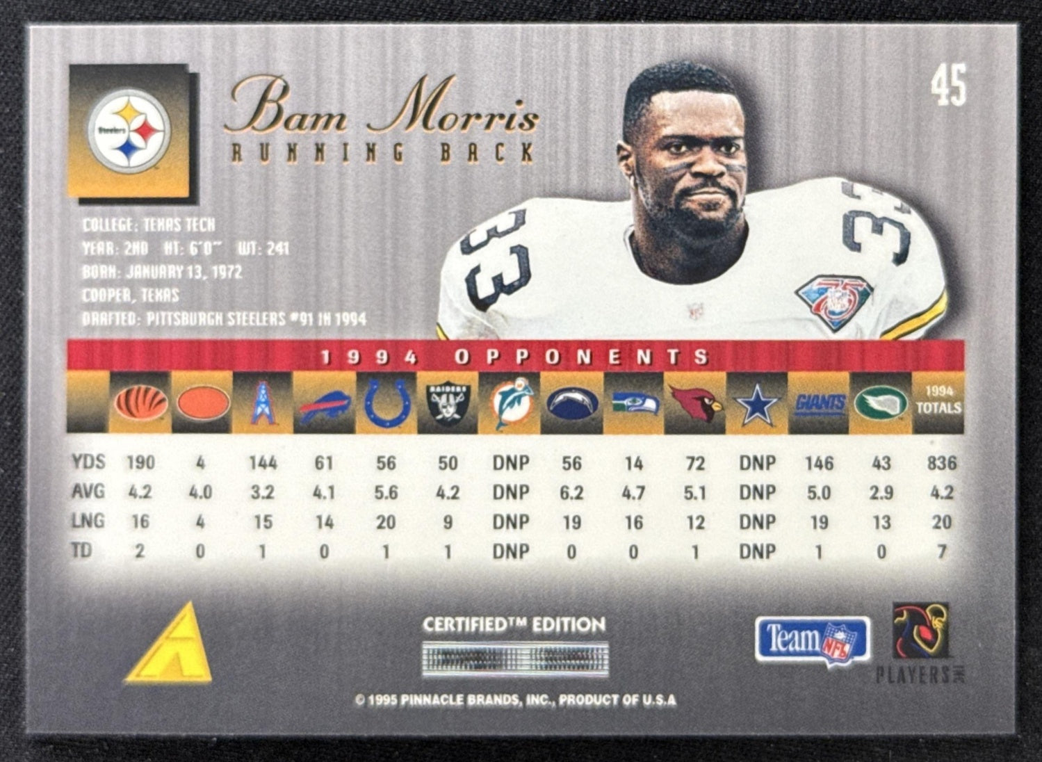 Bam Morris 1995 Pinnacle Select Certified Steelers Sports Trading Card