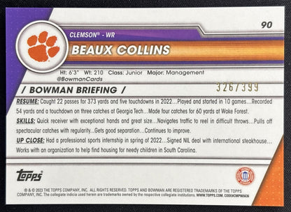 Beaux Collins 2023 University Chrome Purple Mini Diamond Refractor /399 Tigers back