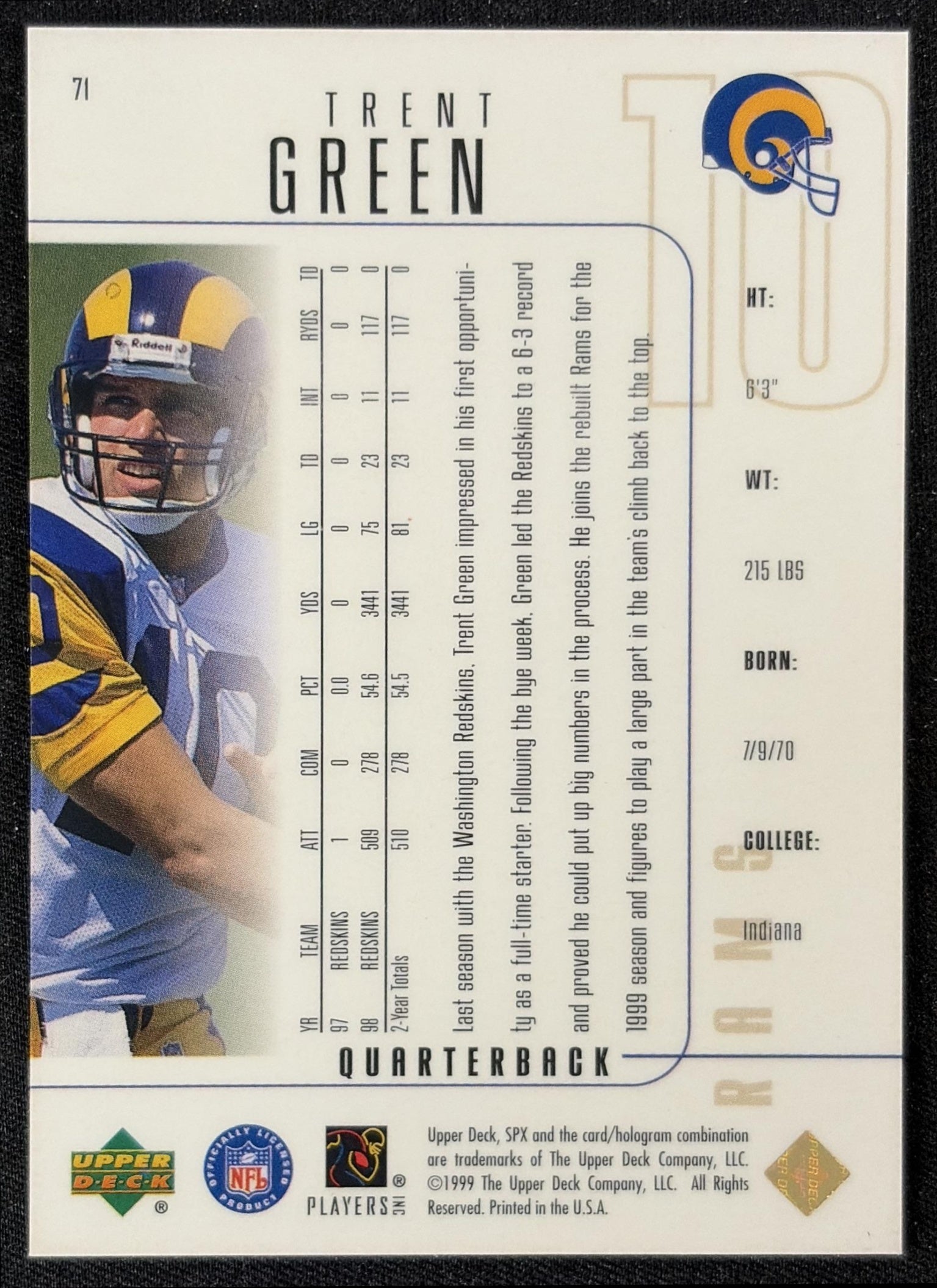 Trent Green 1999 SPx Rams