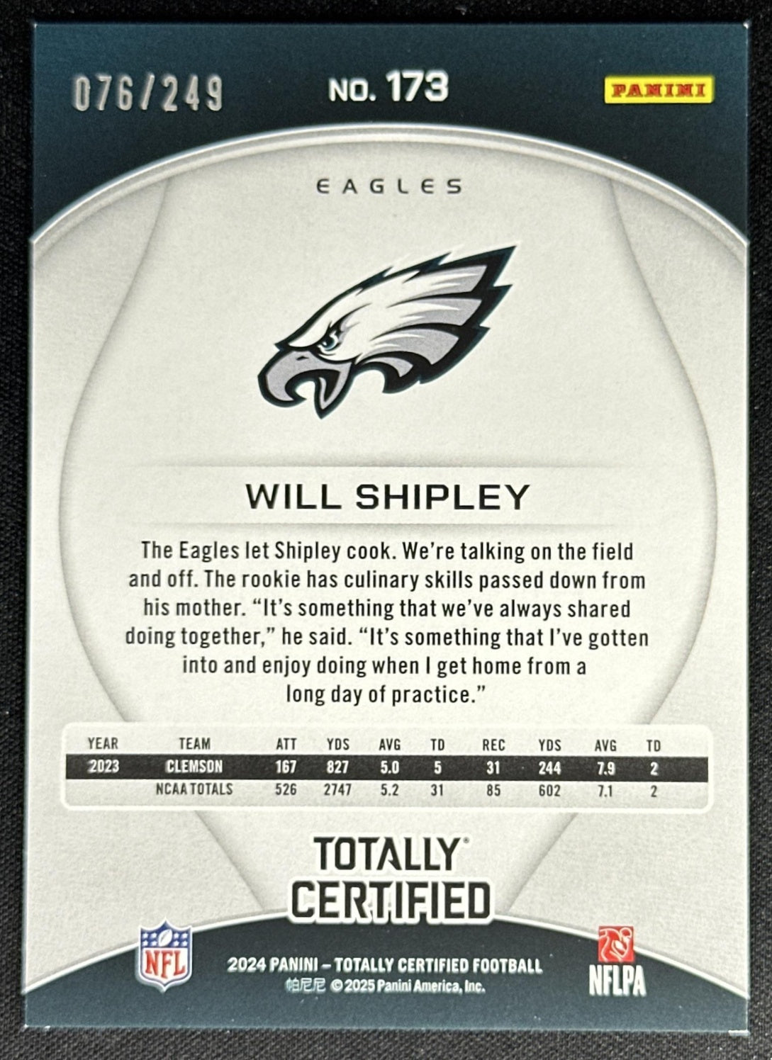 Will Shipley 2024 Panini Totally Certified Rookies Mirror Red /249 Eagles