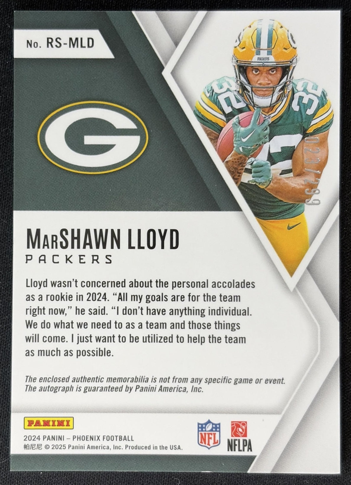 MarShawn Lloyd 2024 Panini Phoenix Rookie Silhouettes /299 Packers back