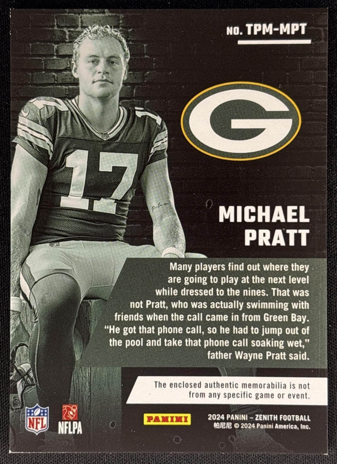 Michael Pratt 2024 Panini Zenith Turning Pro Memorabilia Packers Sports Trading Card