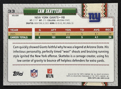 Cam Skattebo 2026 Topps Holiday Back Variation Giants Sports Trading Card