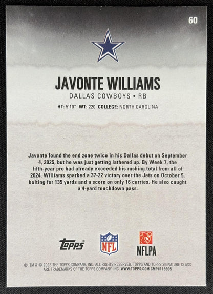 Javonte Williams 2025 Signature Class Chrome Veteran White Refractor Cowboys