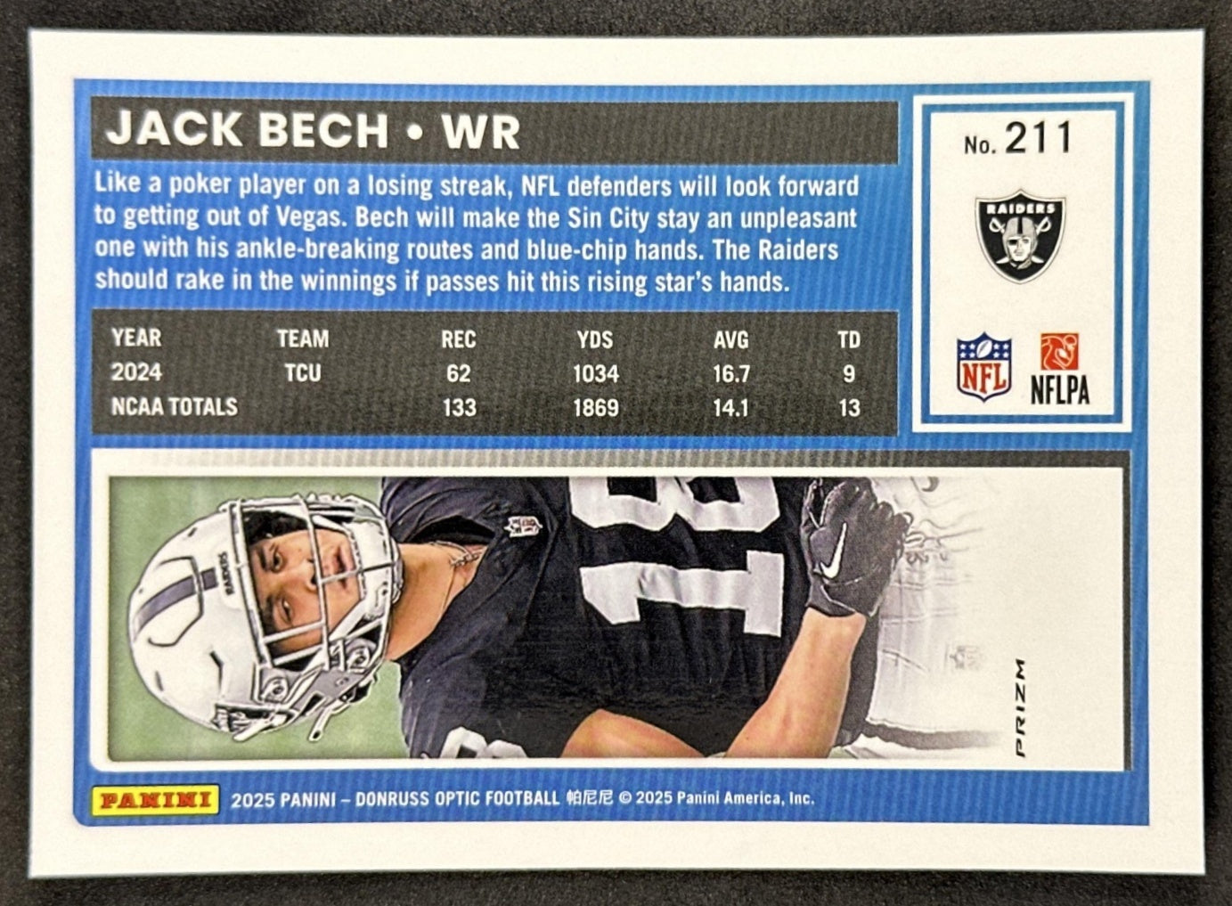 Jack Bech 2025 Panini Donruss Optic Rated Rookie Holo Prizm Raiders back