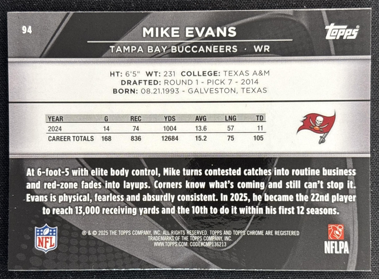 Mike Evans 2025 Topps Chrome Black Buccaneers back