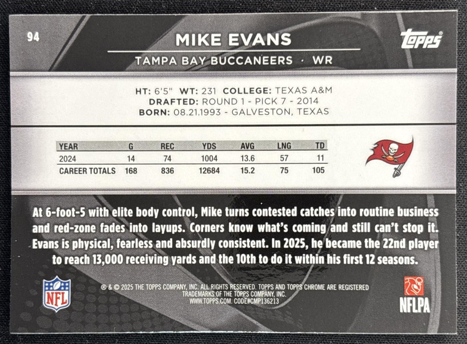 Mike Evans 2025 Topps Chrome Black Buccaneers back