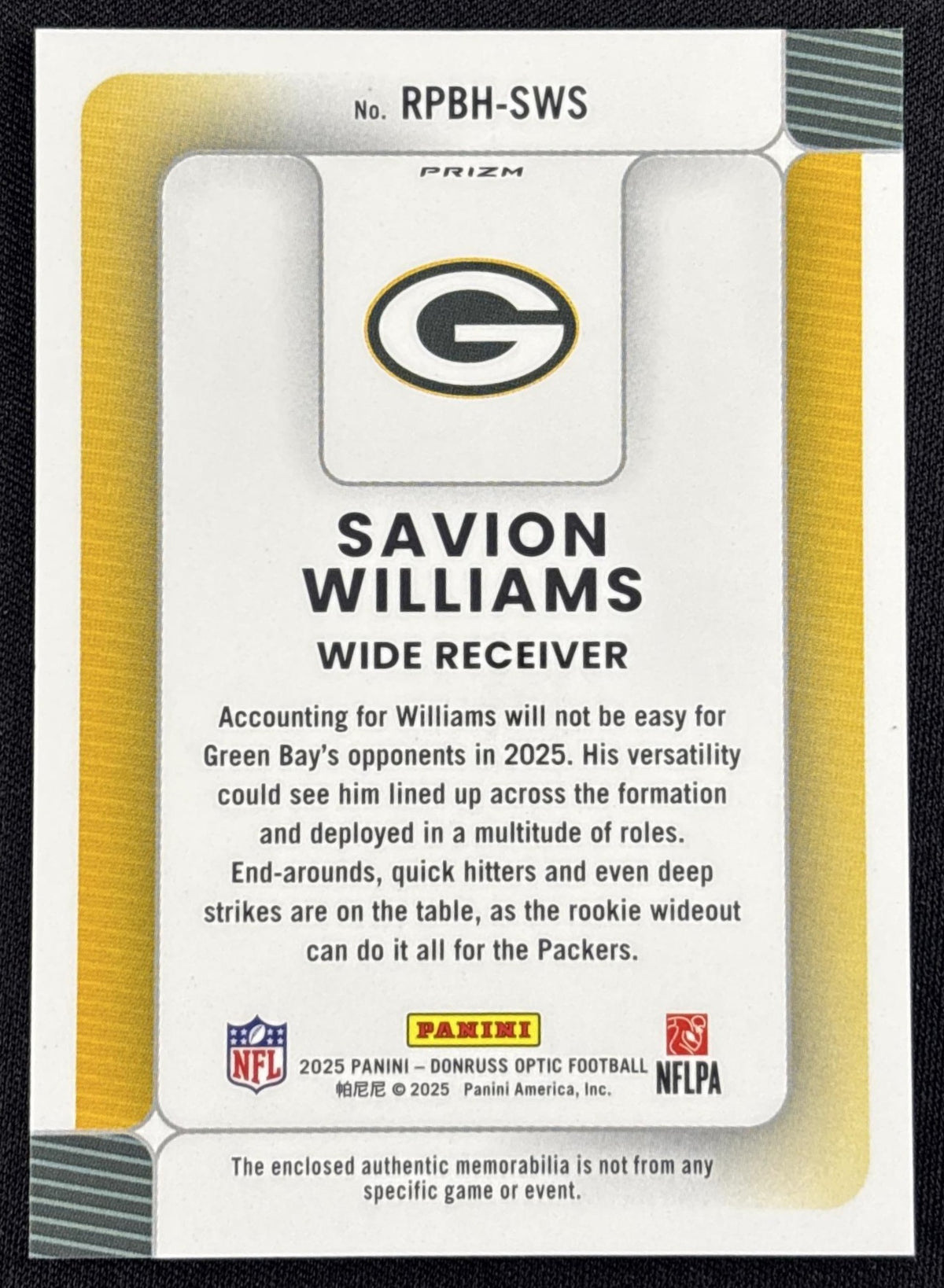 Savion Williams 2025 Panini Donruss Optic Rookie Phenoms Blue Hyper Prizm Packers