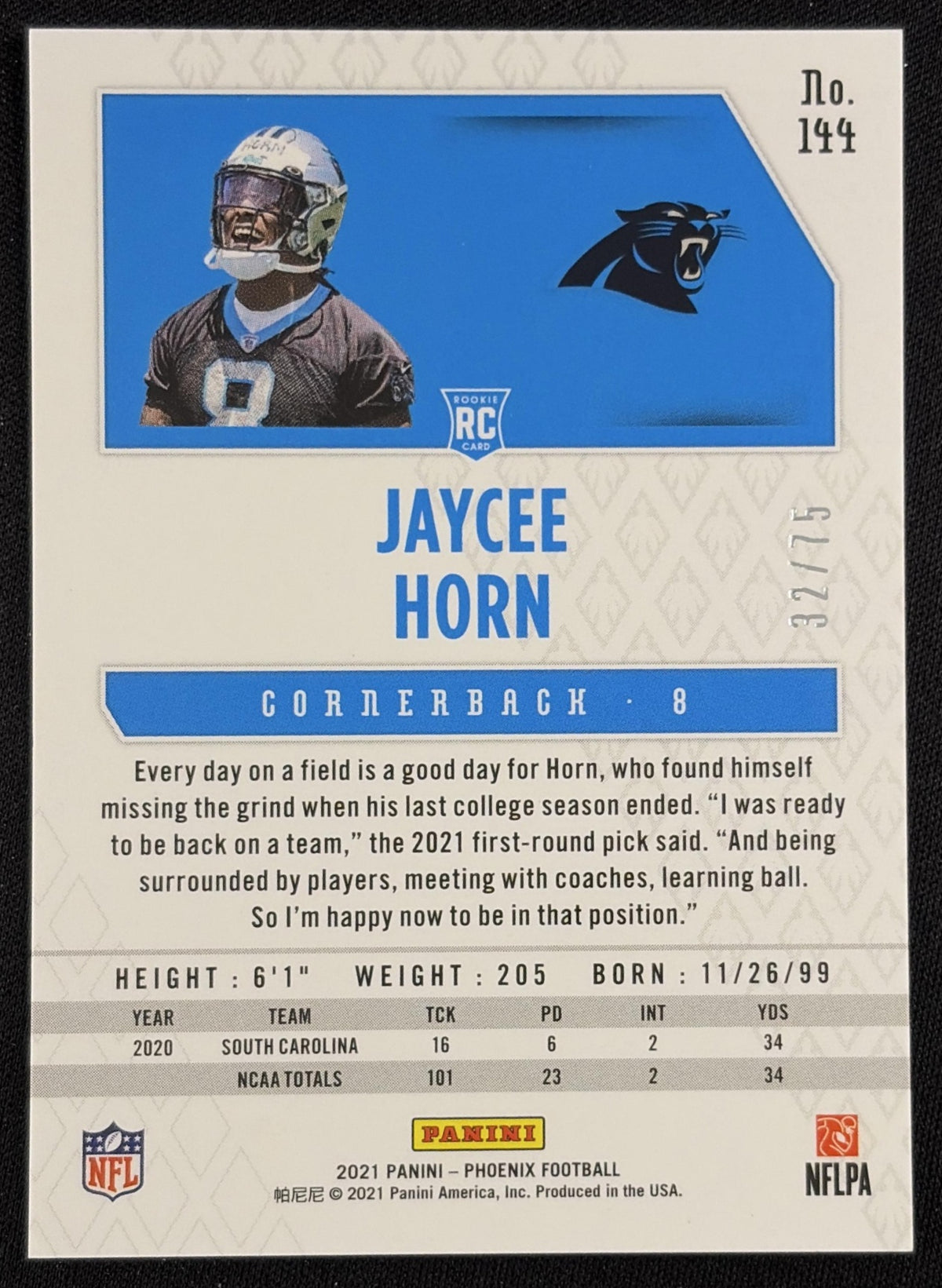 Jaycee Horn 2021 Panini Phoenix Yellow /75 Panthers