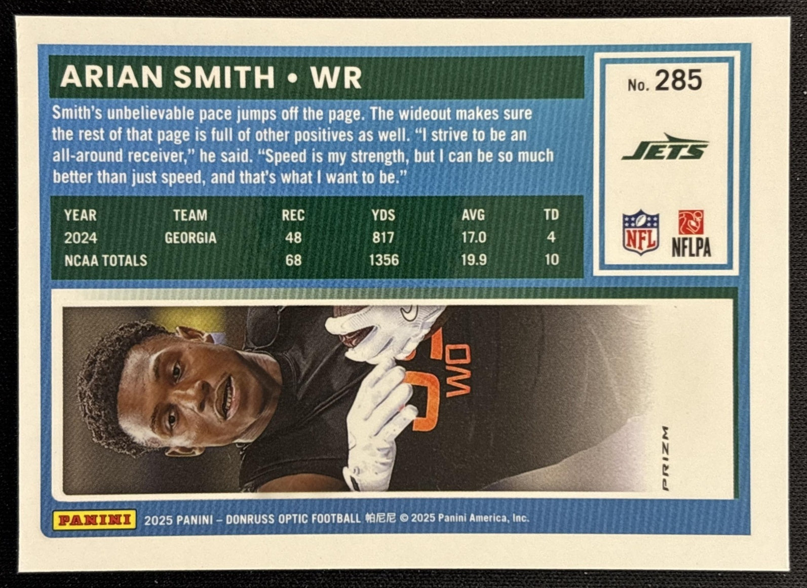 Arian Smith 2025 Panini Donruss Optic Rated Rookie Holo Prizm Jets back