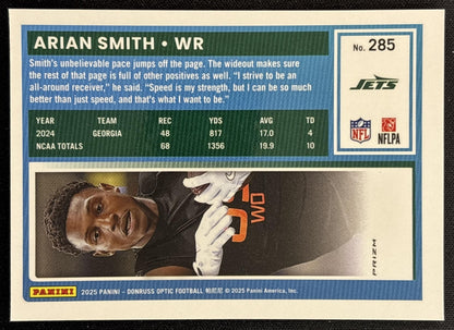 Arian Smith 2025 Panini Donruss Optic Rated Rookie Holo Prizm Jets back