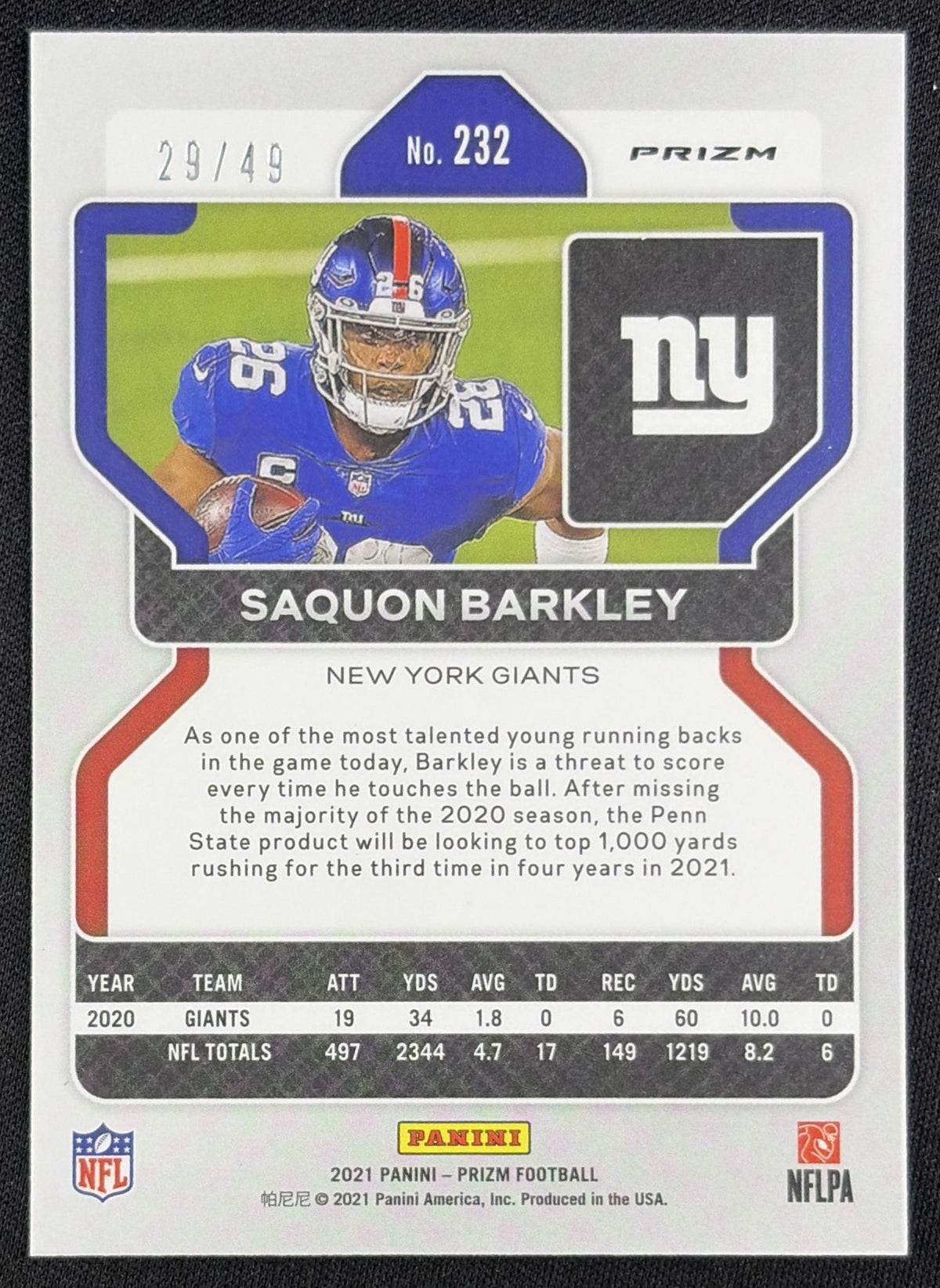 Saquon Barkley 2021 Panini Prizm Purple Power /49 Giants