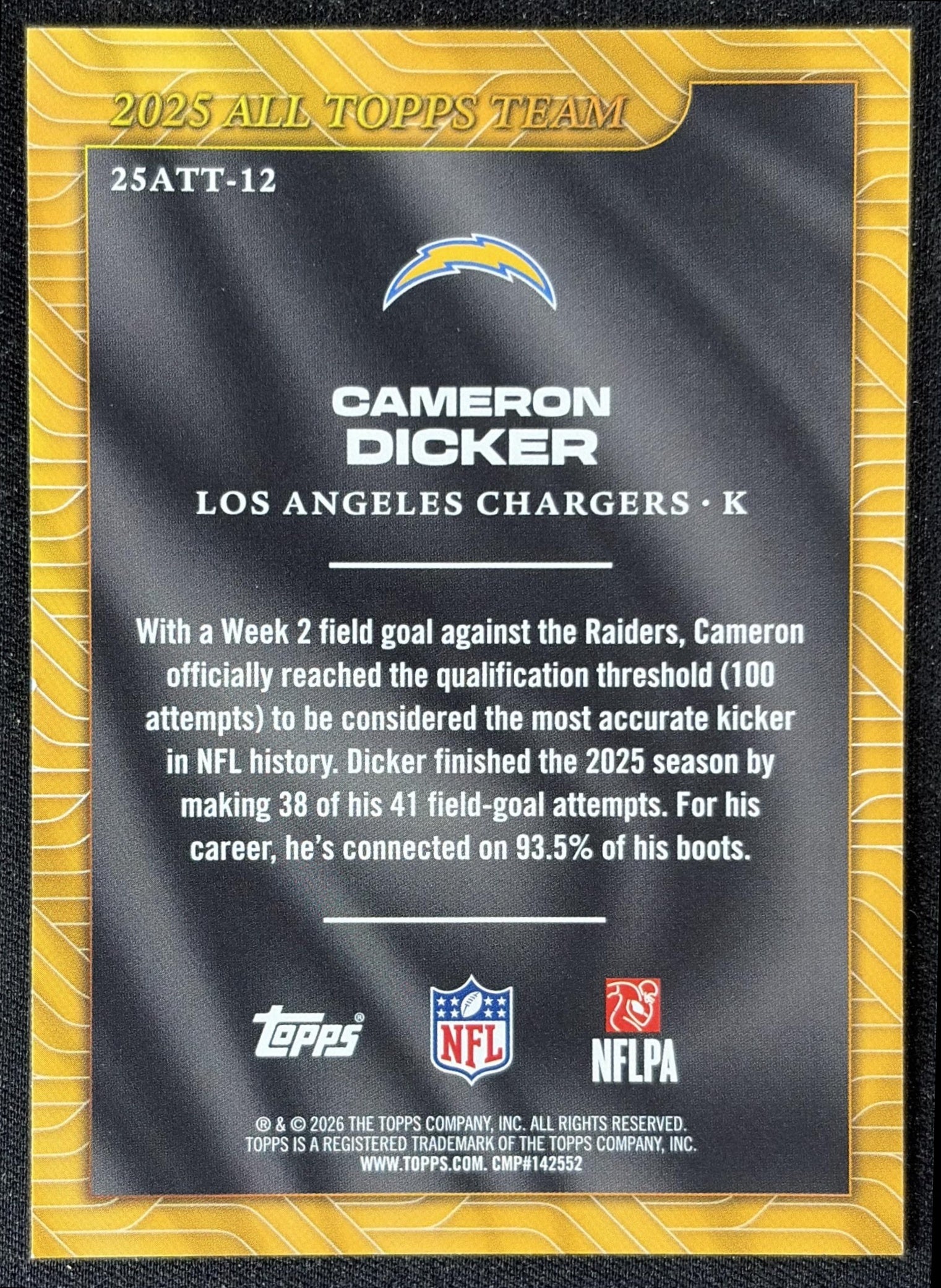Cameron Dicker 2026 Topps 2025 All-Topps Team Chargers back