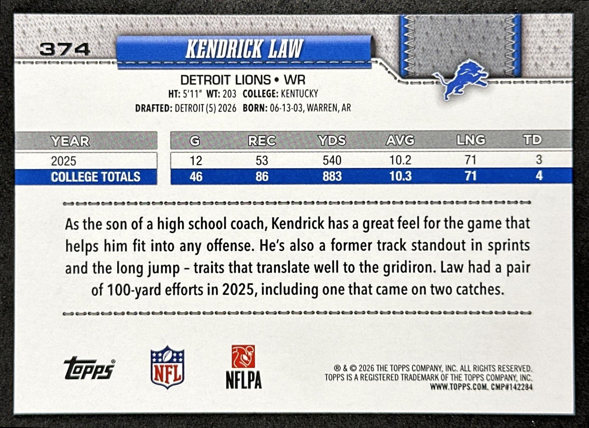 Kendrick Law 2026 Topps Flagship Rookie Lions Sports Trading Cards