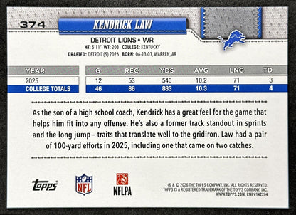 Kendrick Law 2026 Topps Flagship Rookie Lions Sports Trading Cards