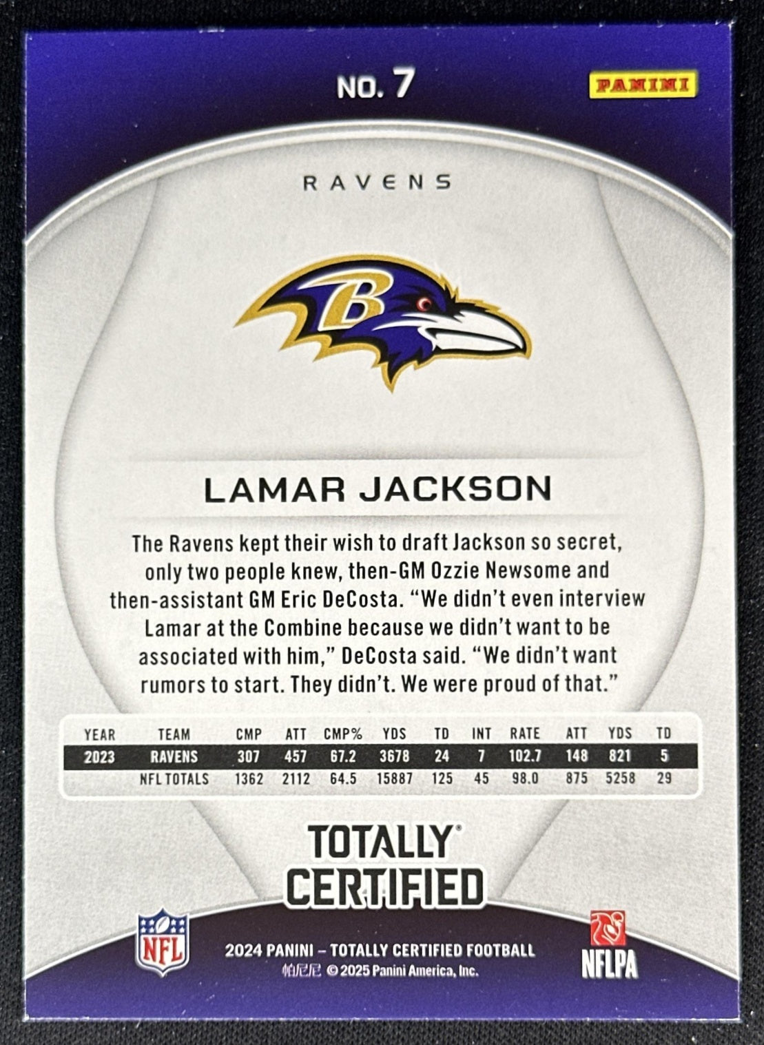Lamar Jackson 2024 Panini Totally Certified Mirror Ravens back