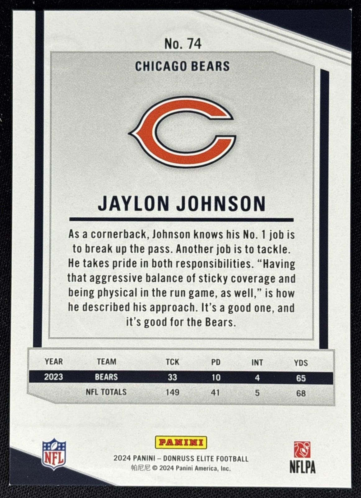 Jaylon Johnson 2024 Panini Donruss Elite Orange /399 Bears back